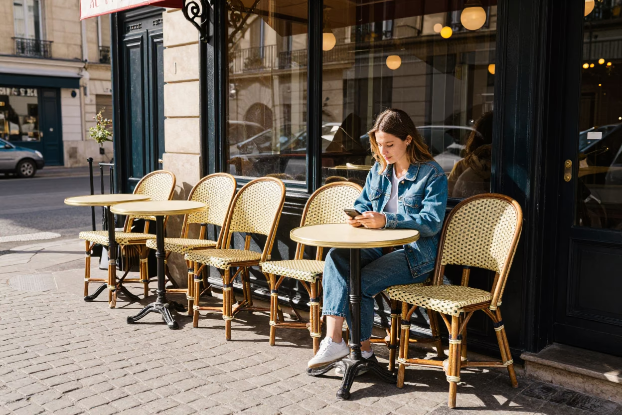 Parisian Cafe Terrace Morning Light Wicker Basket and Coffee in in Paris, France