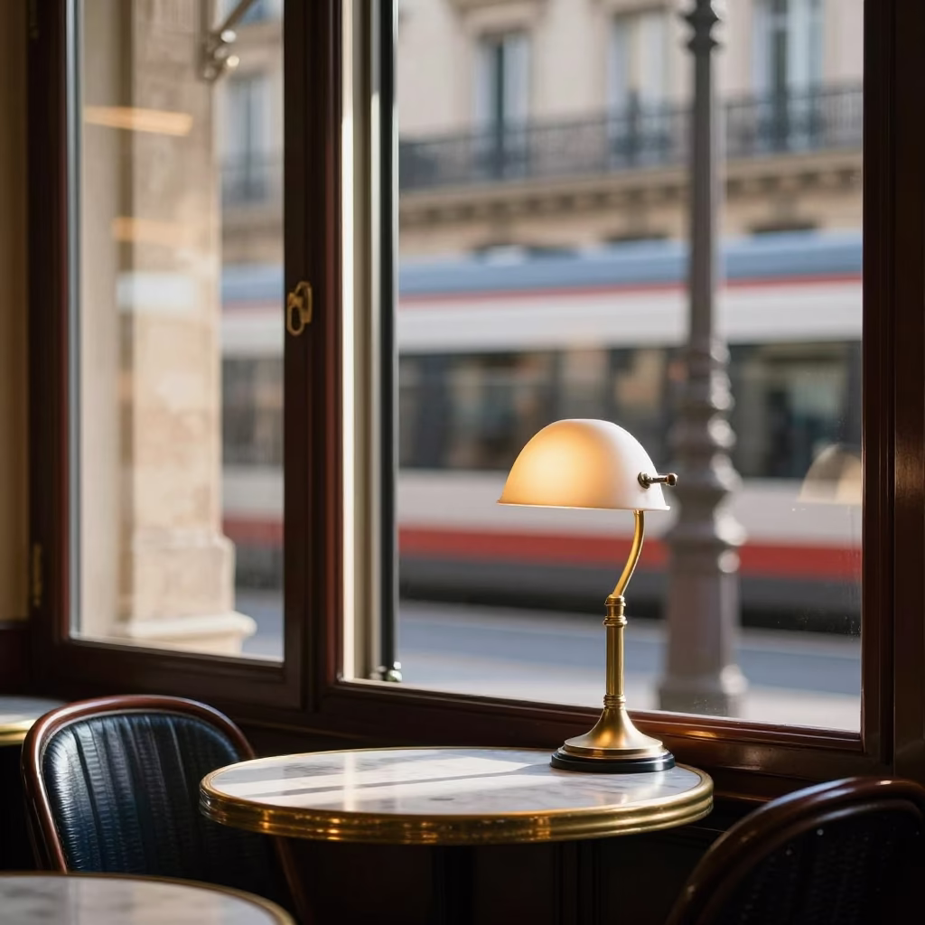 Parisian Cafe Terrace Morning Light with Commuter Train View and Desk Lamp in in Paris, France