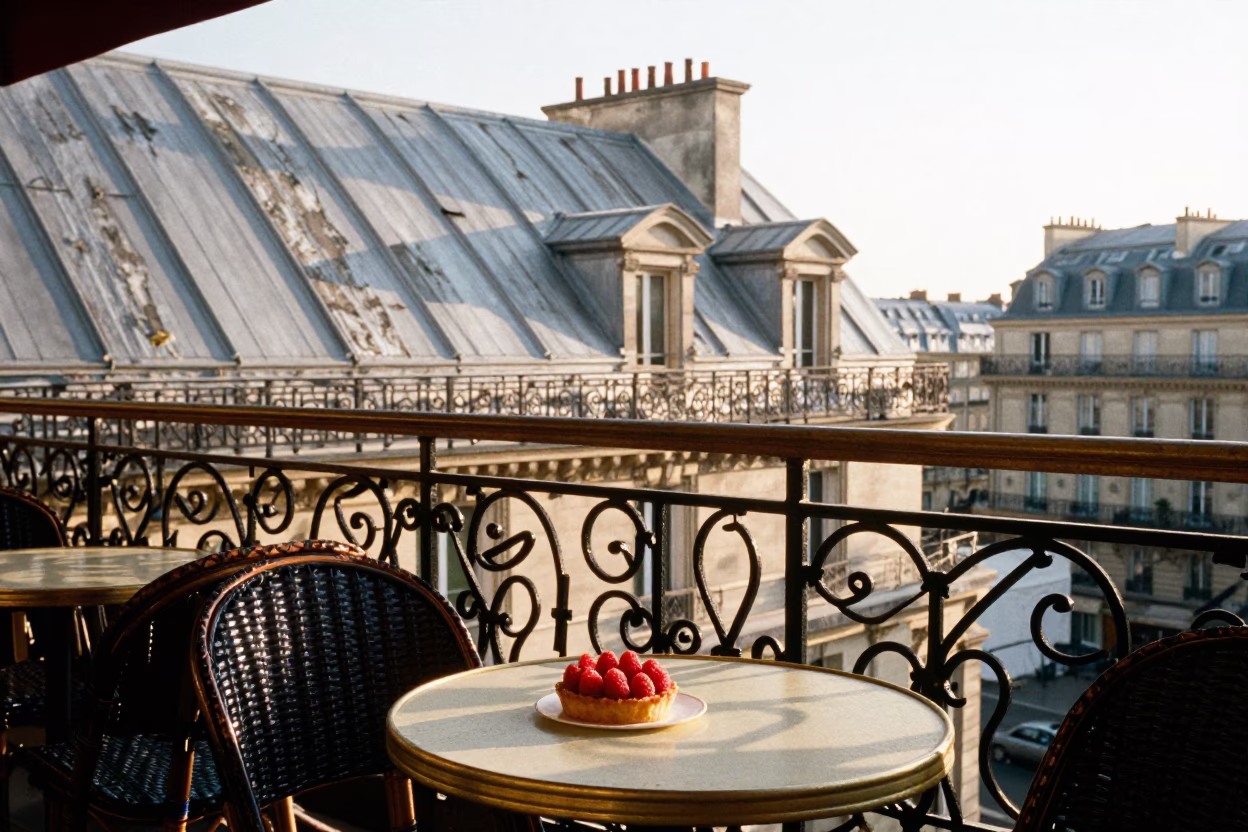 Parisian Cafe Terrace Morning Light with Raspberry Tart and Chai in in Paris, France