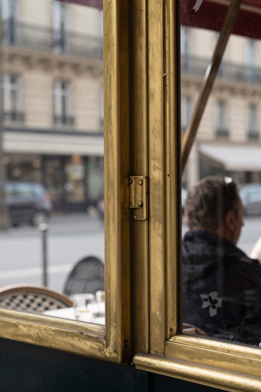 Parisian Cafe Terrace Noon Light Brass Frame and Paint Flecks in in Paris, France