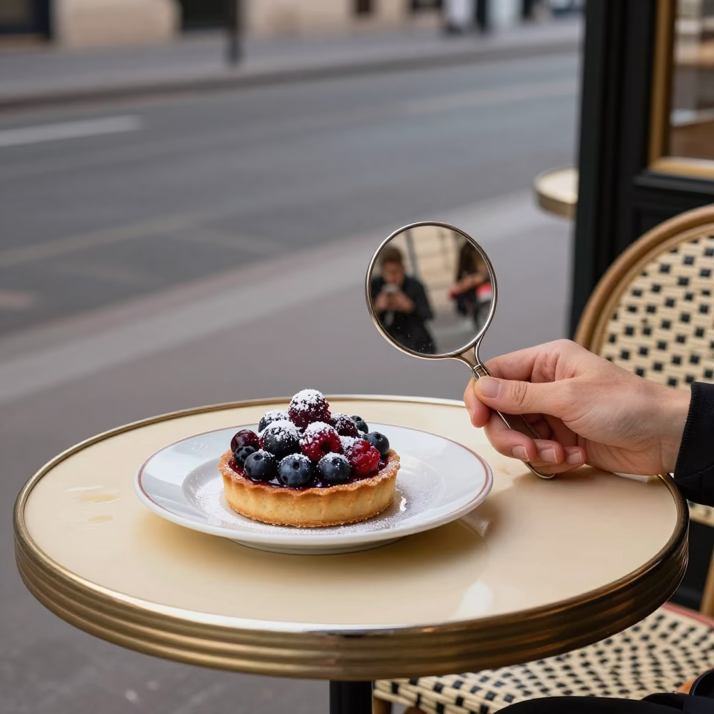 Parisian Cafe Terrace with Berry Tart and Hand Mirror in Late Afternoon Sunlight in in Paris, France