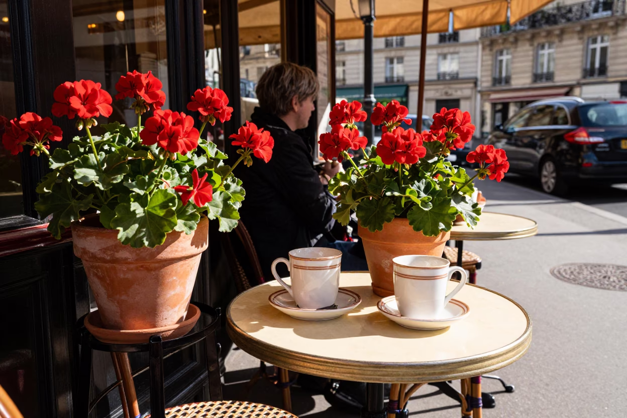 Parisian Cafe Terrace with Ceramic Mugs and Geraniums in Early Afternoon Light in in Paris, France