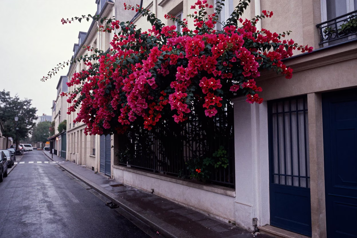 Parisian dawn street scene with bougainvillea and wet cobblestones in in Paris, France