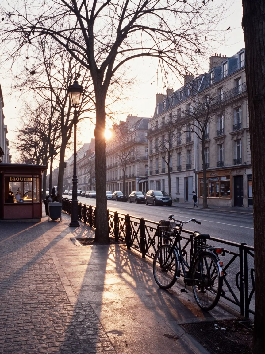 Parisian Dawn Street Scene with Vintage Bicycle and Market Stall Details in in Paris, France