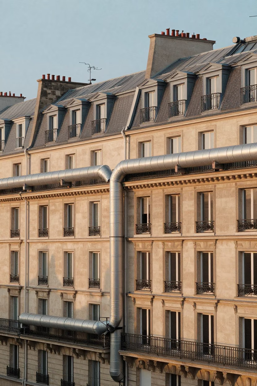 Parisian District Heating Pipes Crossing Between Concrete Apartment Blocks at Sunrise in in Paris, France
