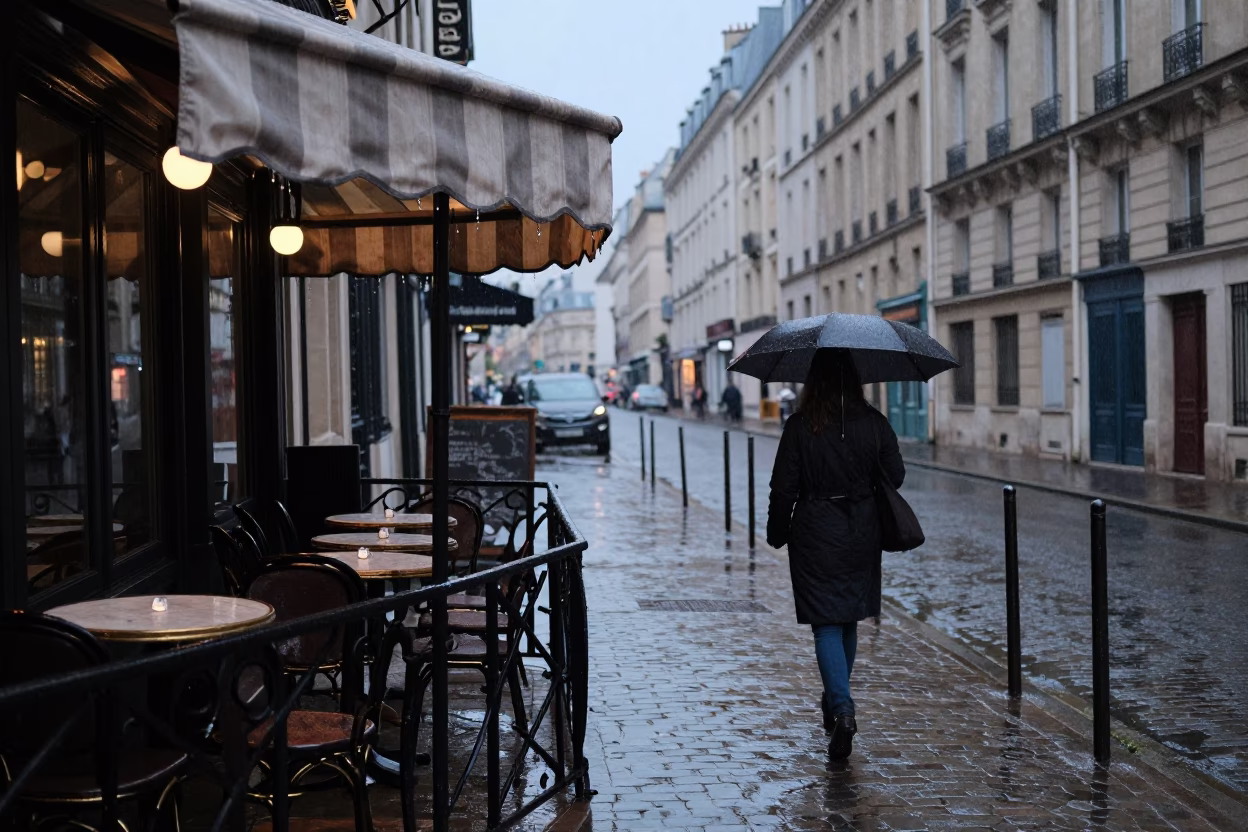 Parisian dusk light rain wet cobblestone street café terrace scene in in Paris, France