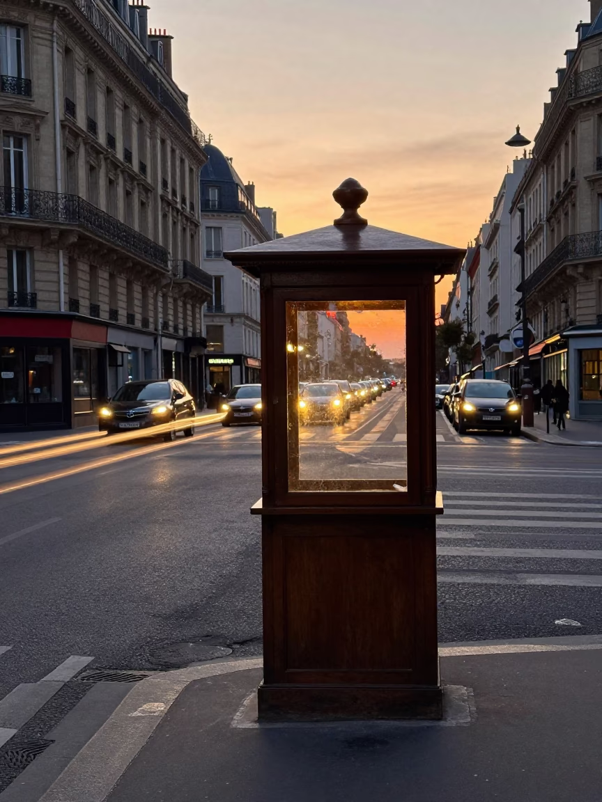 Parisian Dusk Street Scene with Valet Stand and Headlight Streaks in in Paris, France