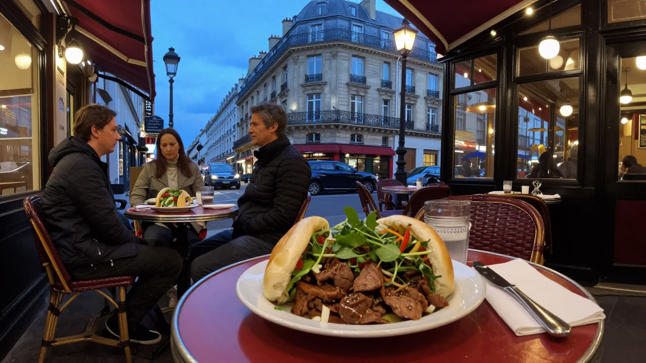 Parisian Evening Bistro Table with Vietnamese Bun Cha and Linen Details in Blue Light in in Paris, France