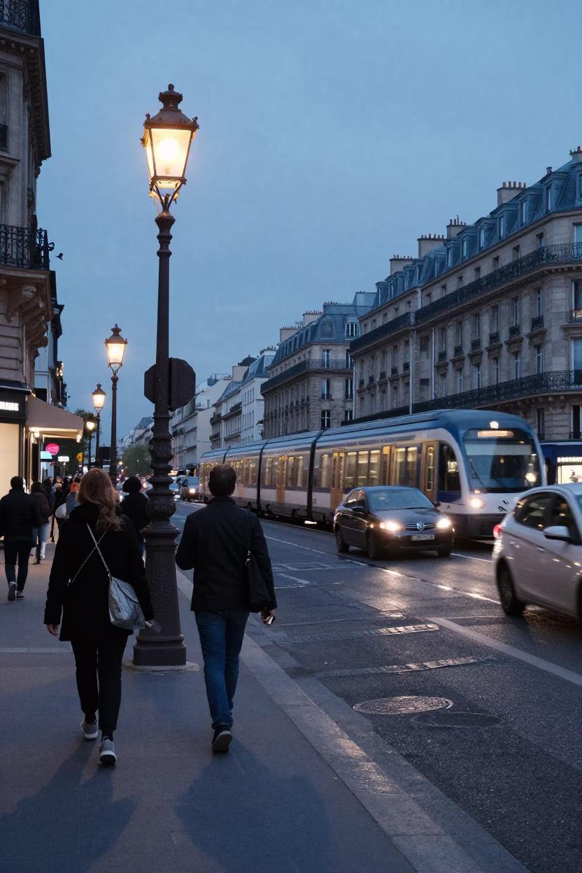 Parisian Evening Blue Hour Street Scene with Commuter Train Crossing Bridge in in Paris, France