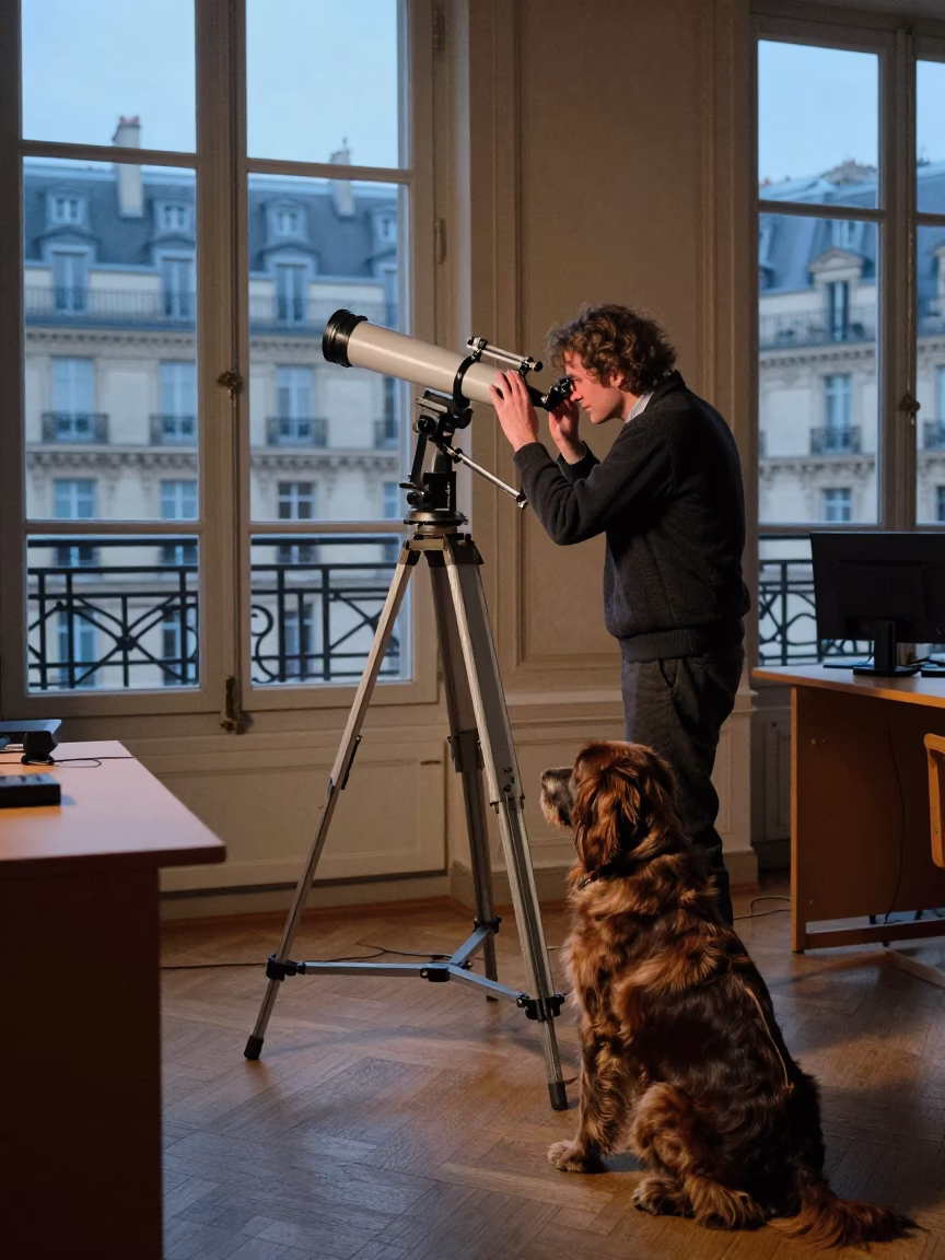 Parisian Evening Classroom with Astronomer Telescope and German Longhaired Pointer in in Paris, France