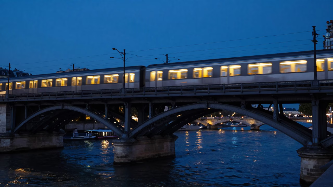 Parisian Evening Commuter Train Crossing Seine Bridge Under Indigo Twilight Sky in in Paris, France