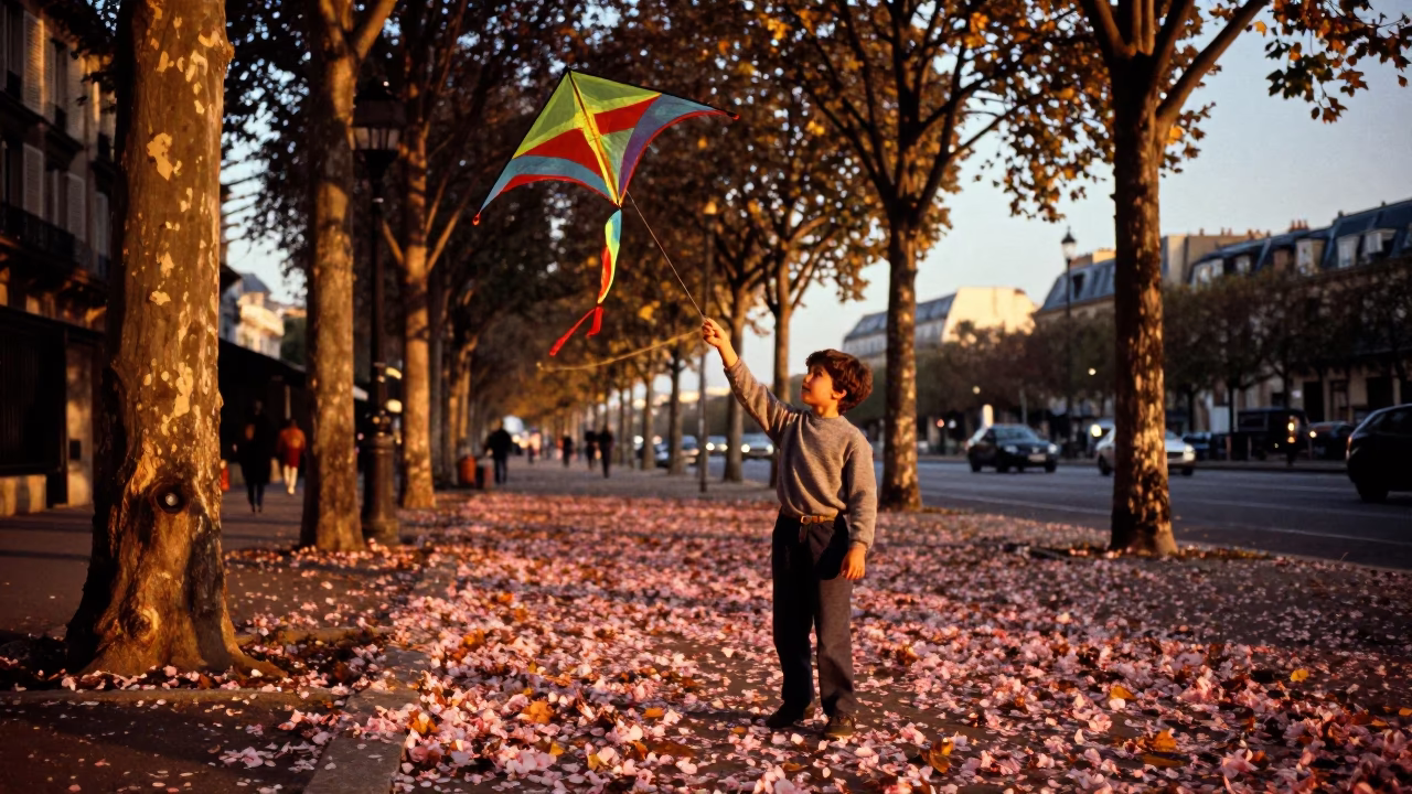 Parisian Evening Light Captures Boy with Kite on Petal-Covered Path in in Paris, France