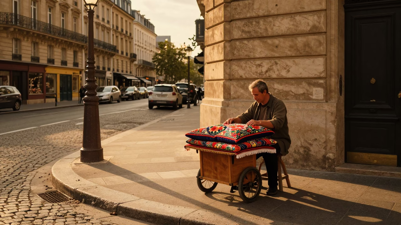 Parisian Evening Light Illuminating a Street Corner with Embroidered Cushion and River View in in Paris, France