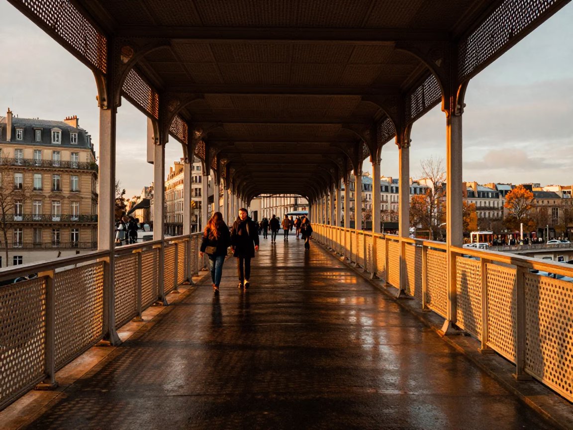Parisian Evening Pedestrian Overpass with Perforated Metal and Wet Footsteps in Honeyed Light in in Paris, France