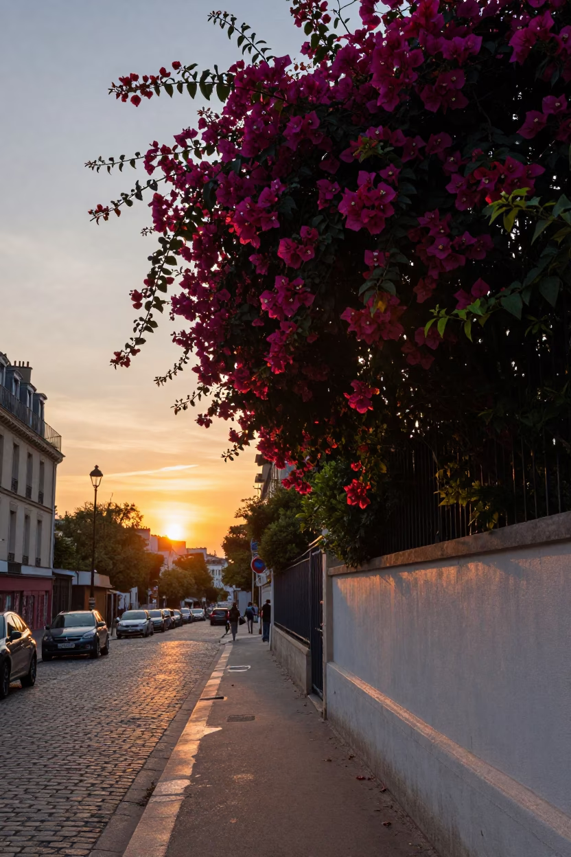 Parisian evening street scene with bougainvillea cascade over white wall near sunset in in Paris, France