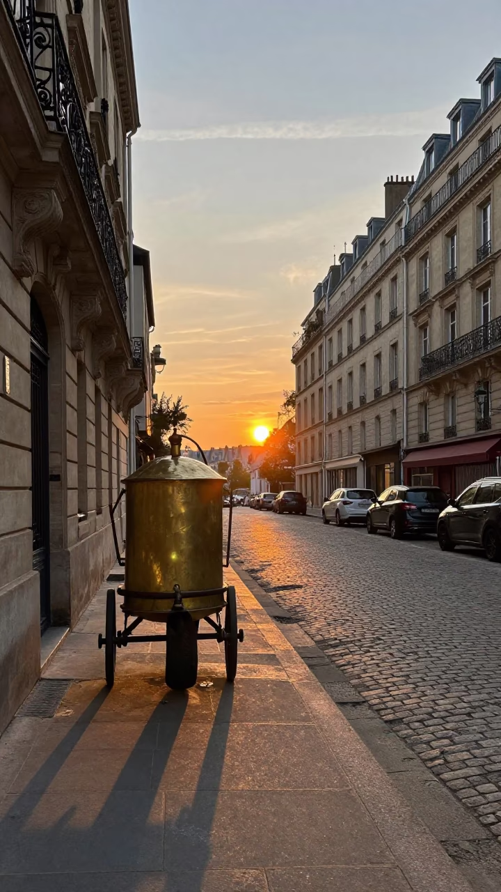 Parisian evening street scene with brass water carrier and hourglass near sunset in in Paris, France
