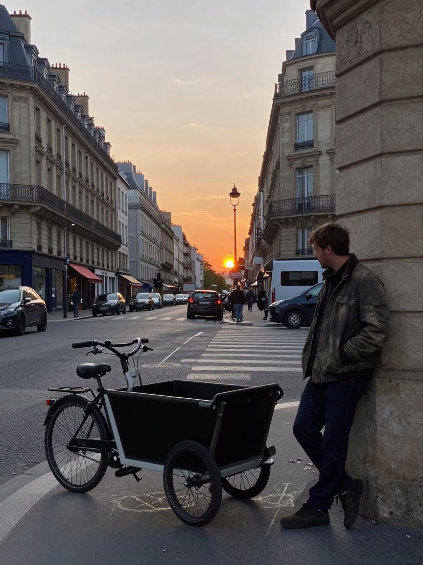 Parisian Evening Street Scene with Cargo Bicycle and Chisel in Hand at Sunset in in Paris, France