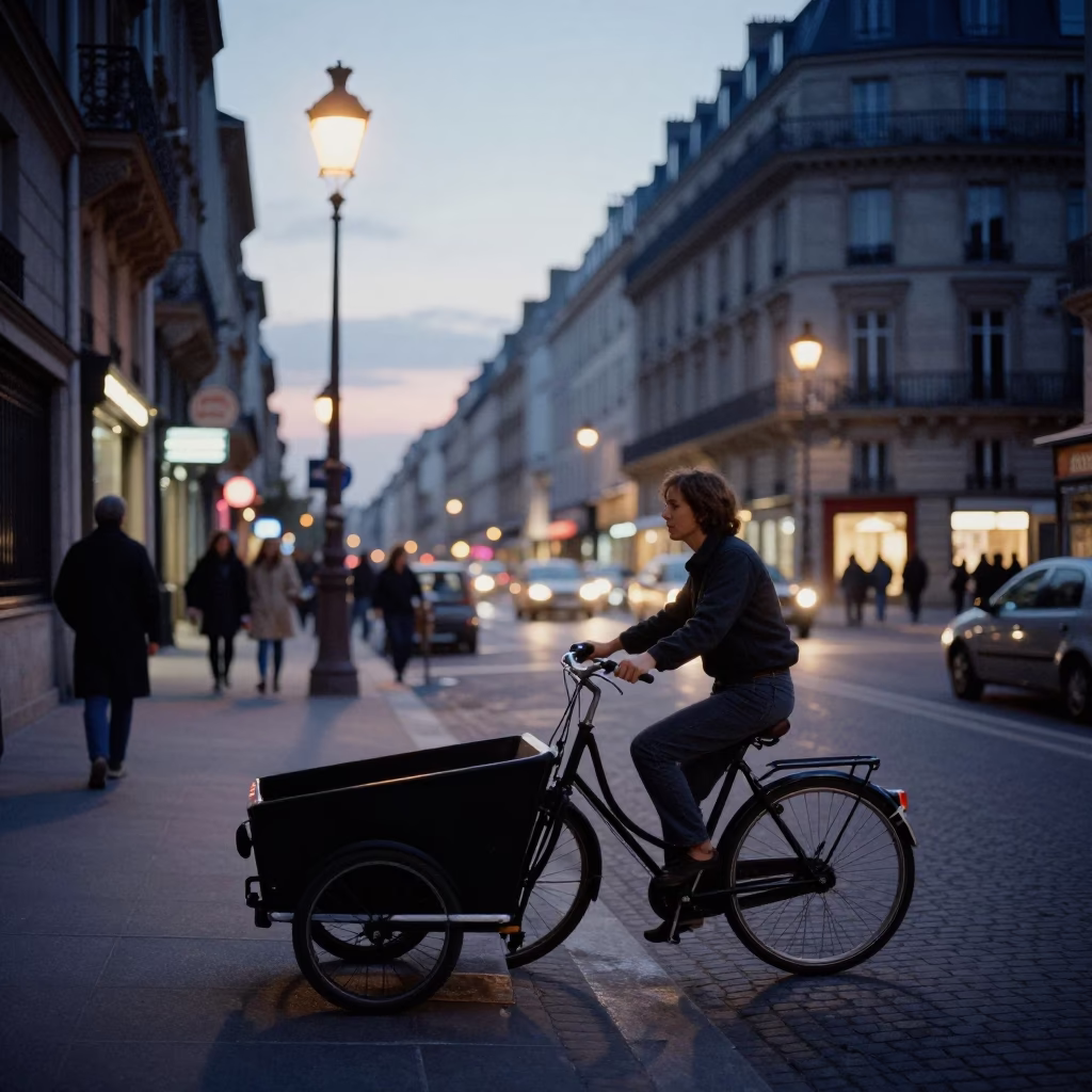 Parisian Evening Street Scene with Cargo Bicycle and Flower Market Ambiance in in Paris, France