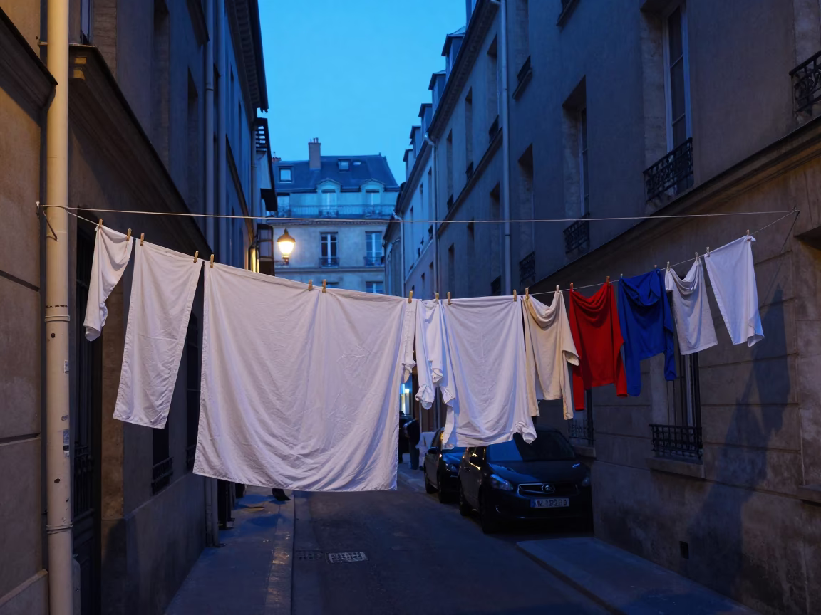 Parisian Evening Street Scene with Laundry Lines and Twinkling City Lights in Indigo Twilight in in Paris, France