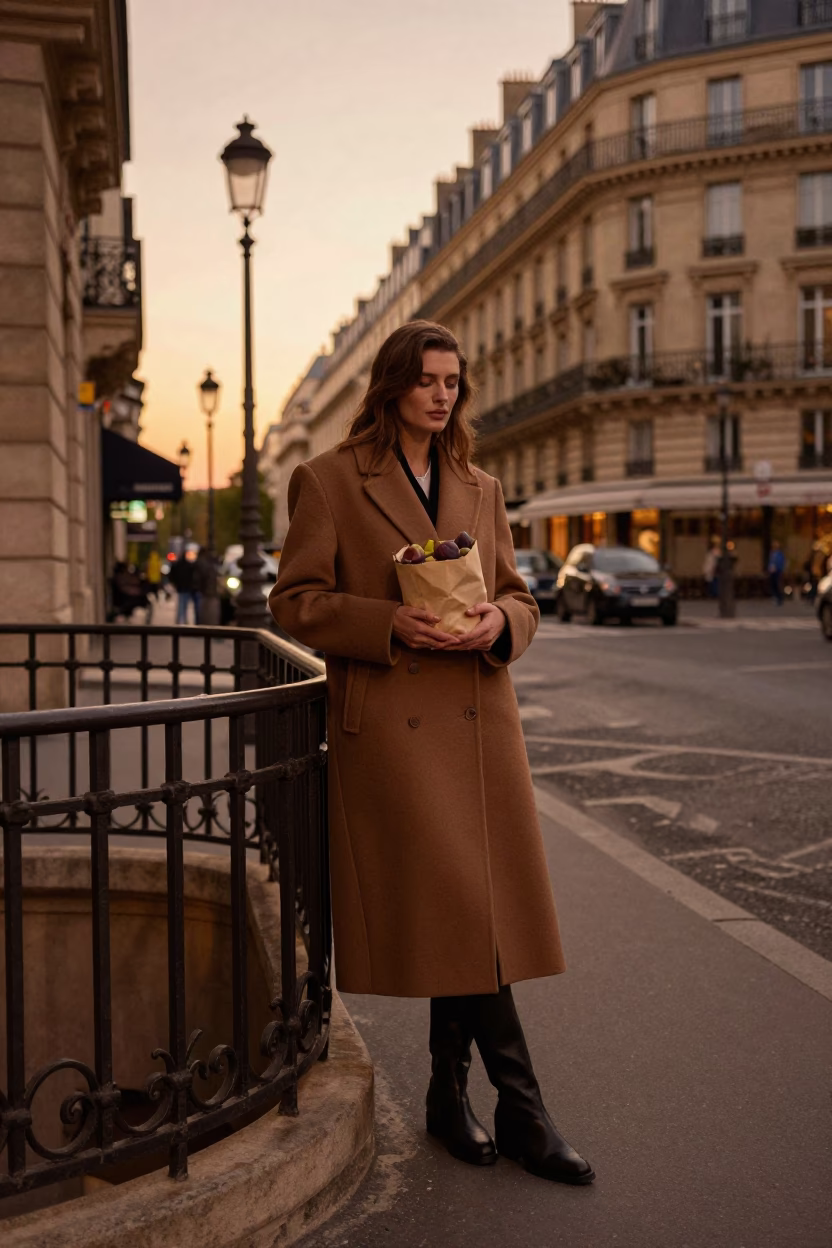 Parisian Evening Street Scene with Model and Figs in Honeyed Light in in Paris, France