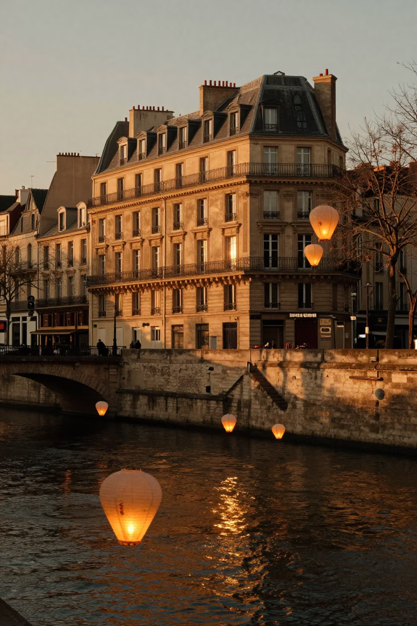 Parisian Evening Street Scene with Paper Lanterns Floating on Canal Water in Honeyed Light in in Paris, France
