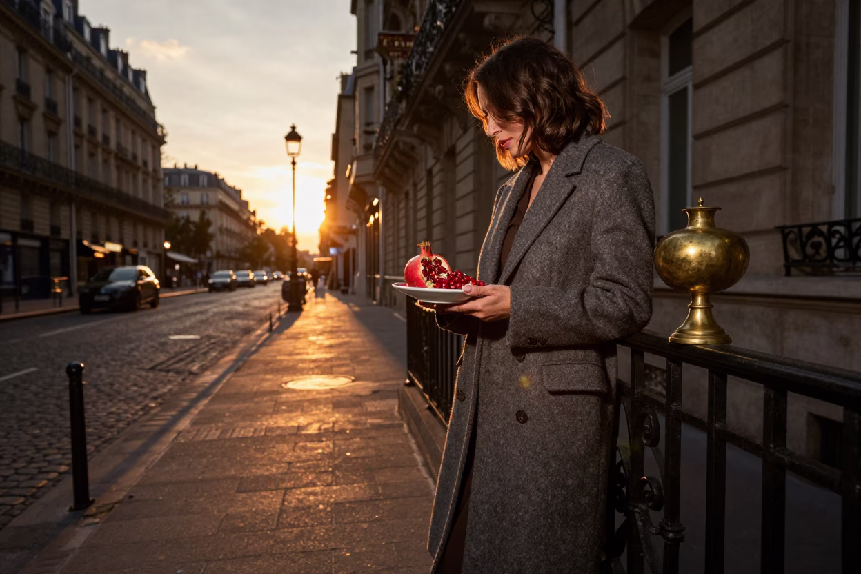 Parisian Evening Street Scene with Pomegranate and Brass Rail at Sunset in in Paris, France