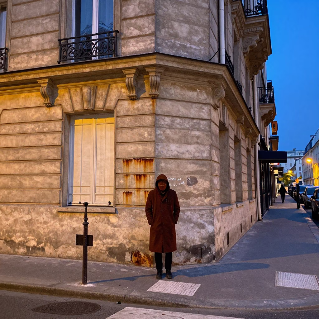 Parisian Evening Street Scene with Rust and Coat Stand in Blue Hour in in Paris, France