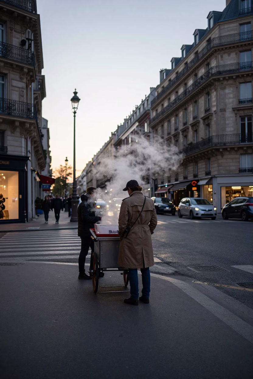 Parisian Evening Street Scene with Steam and Urban Architecture in in Paris, France