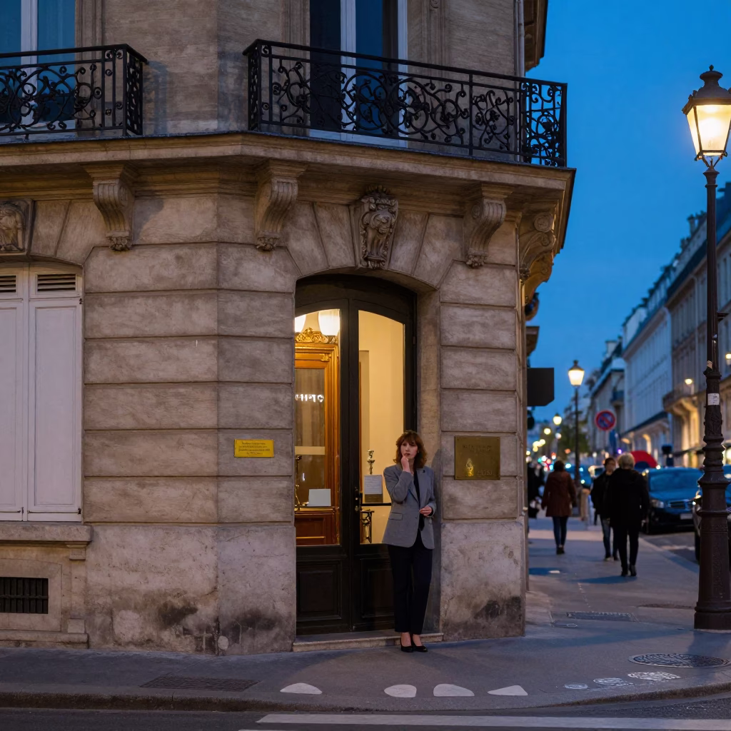 Parisian Evening Street Scene with Stone Facade and Glass Doorframe in Last Blue Light in in Paris, France