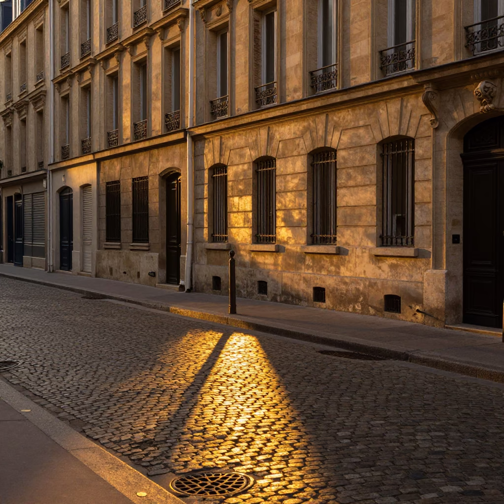 Parisian Evening Street Scene with Sunlight Stripes on Cobblestones and Urban Life in in Paris, France