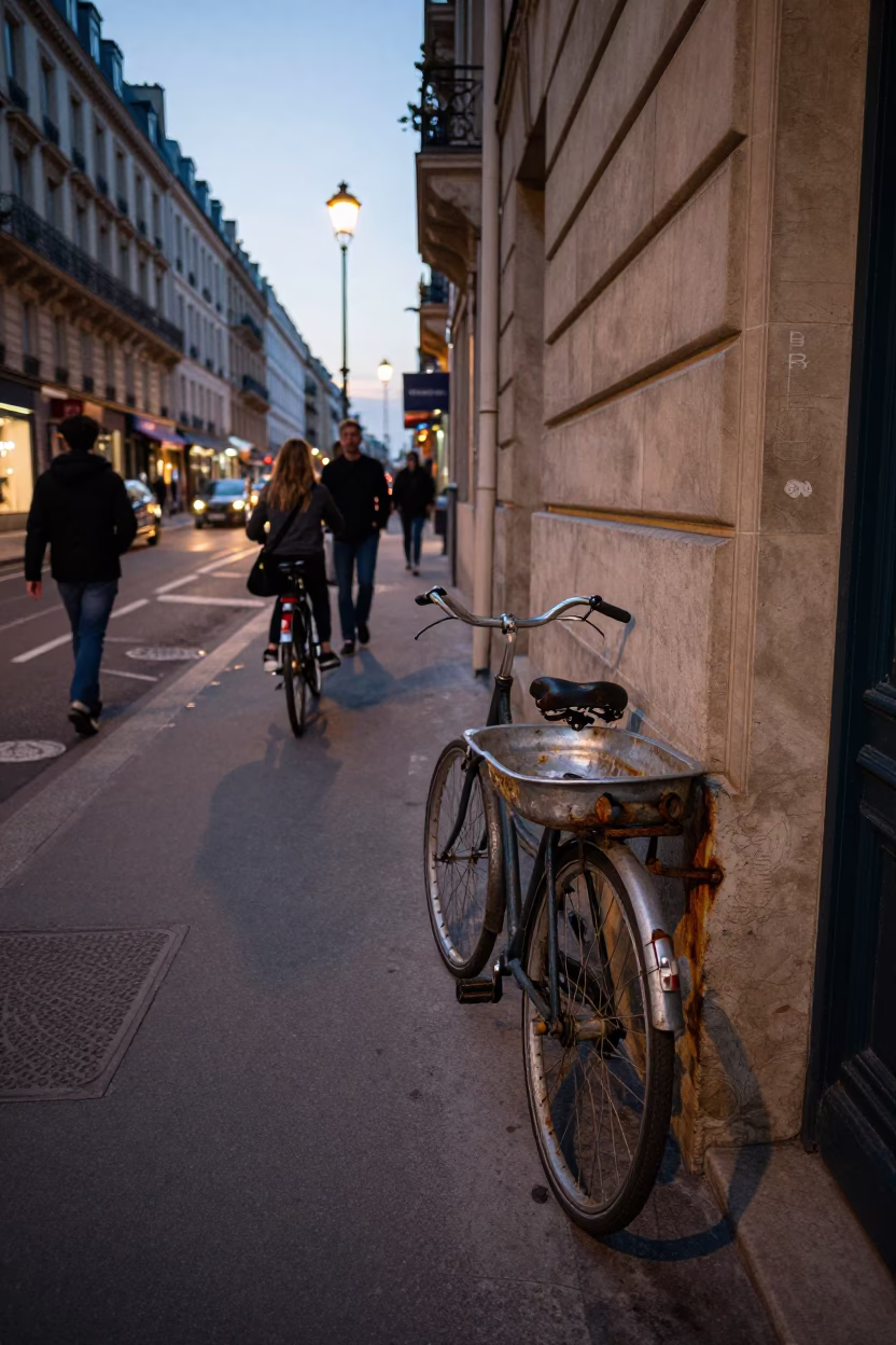 Parisian Evening Street Scene with Vintage Bicycle and Rusty Basin Detail in in Paris, France