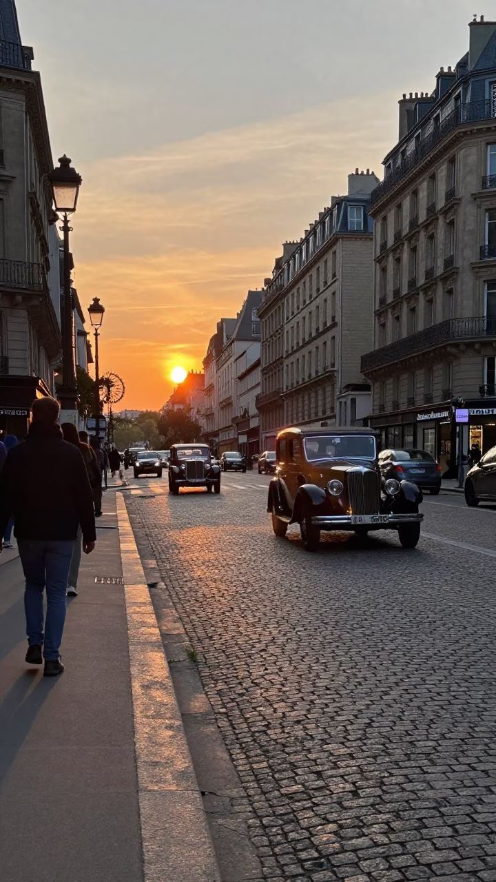 Parisian Evening Street Scene with Vintage Car Rally and Basil Market Stall at Sunset in in Paris, France