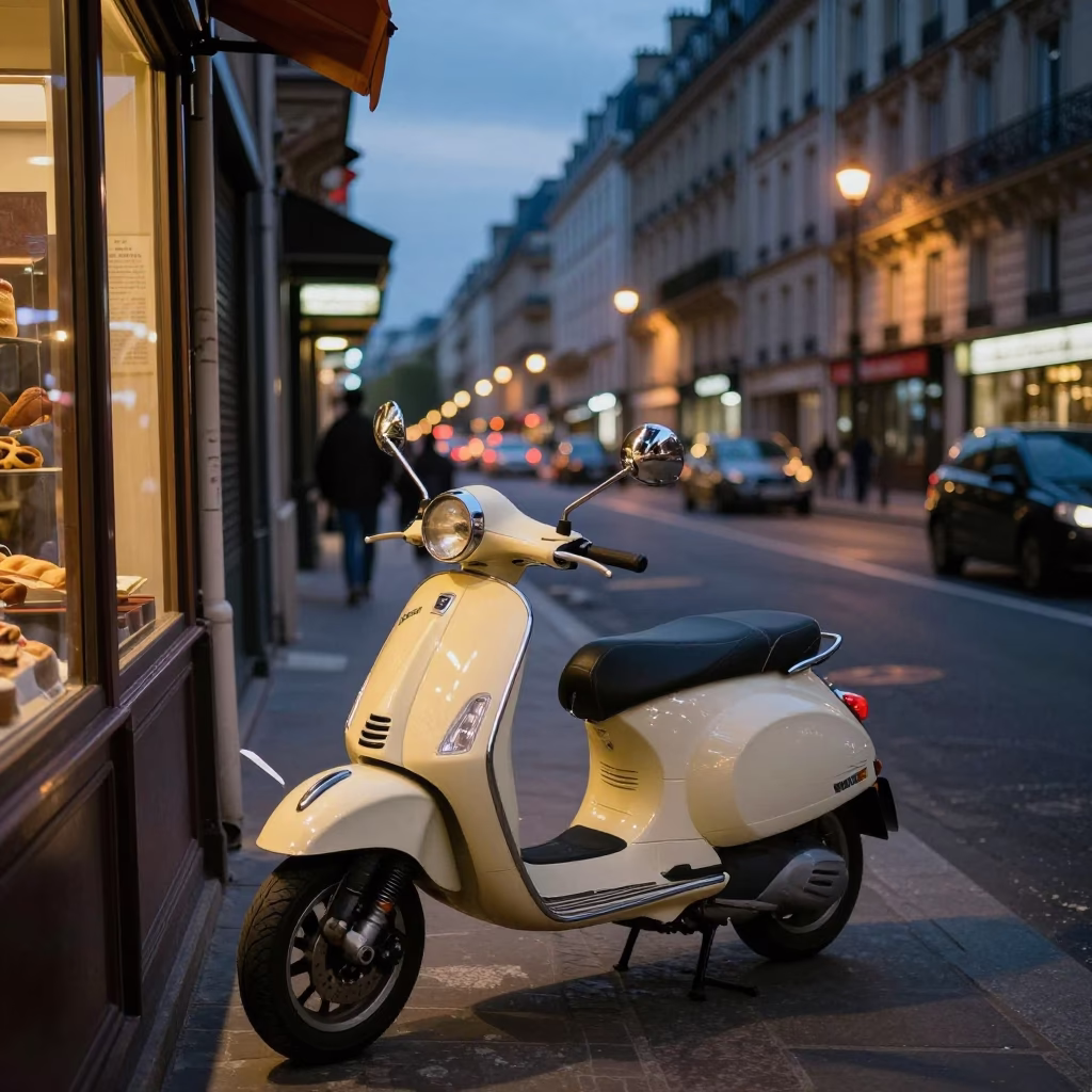 Parisian Evening Street Scene with Vintage Scooter and Café Lights in France in in Paris, France