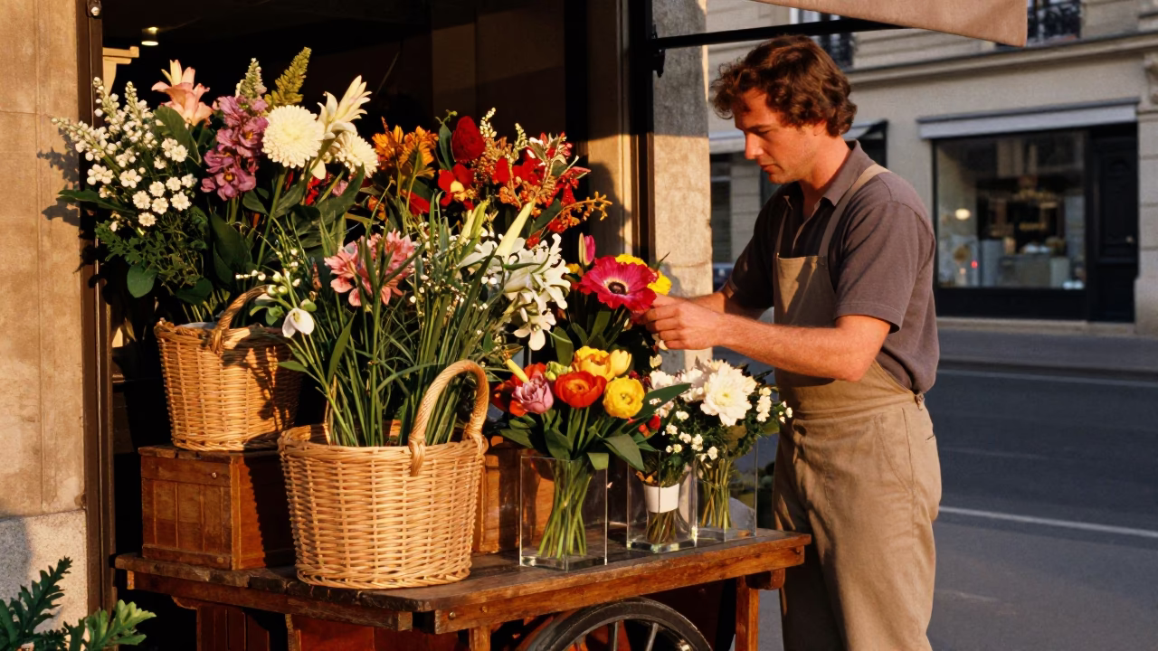 Parisian Florist Evening Light with Woven Baskets and Glass Bottles in in Paris, France
