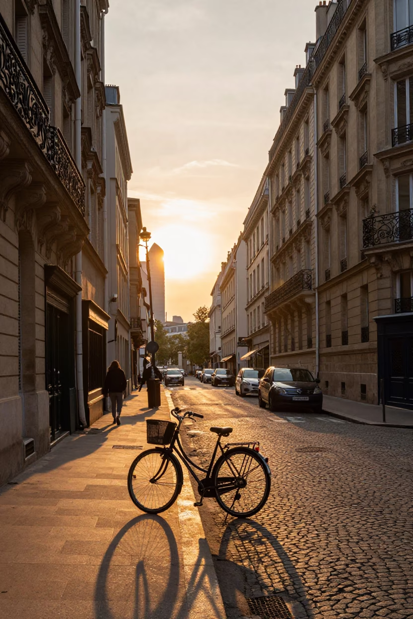 Parisian Golden Hour Street Scene with Bicycle and Cobblestone Architecture in in Paris, France
