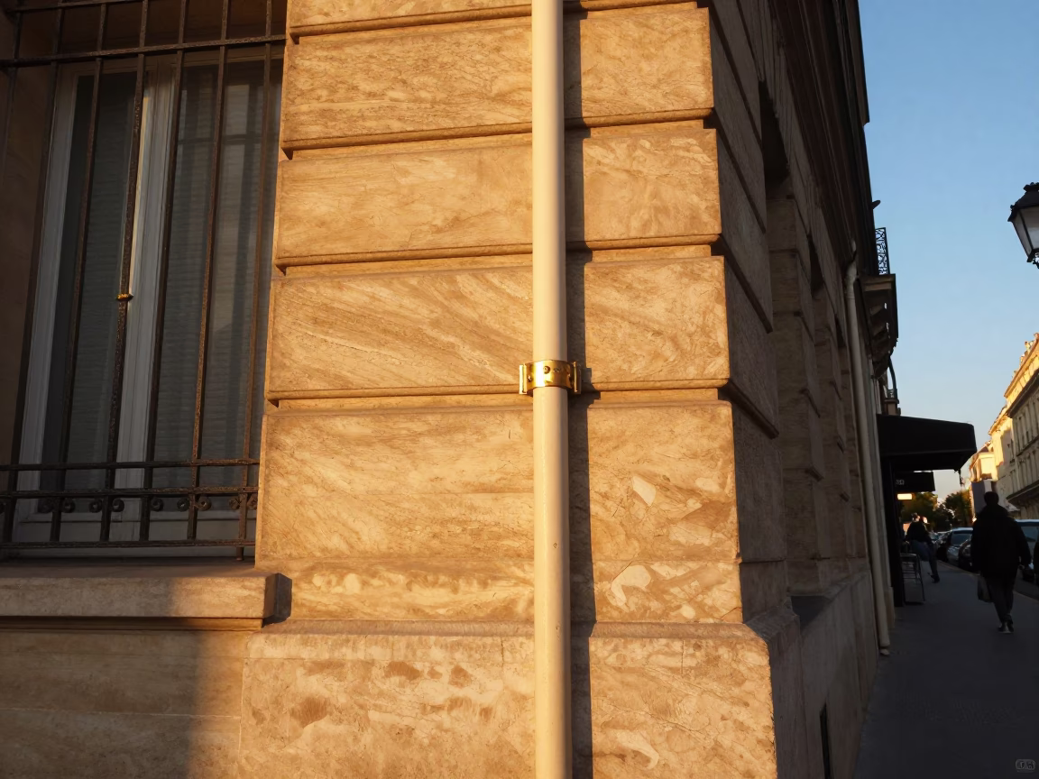 Parisian Golden Hour Street Scene with Brass Hinge and Sunlit Tile Grout Details in in Paris, France