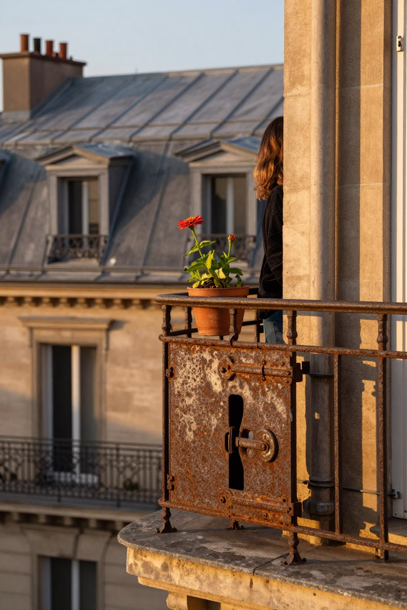 Parisian Golden Hour Street Scene with Rusty Cabinet Latch and Zinnias in in Paris, France