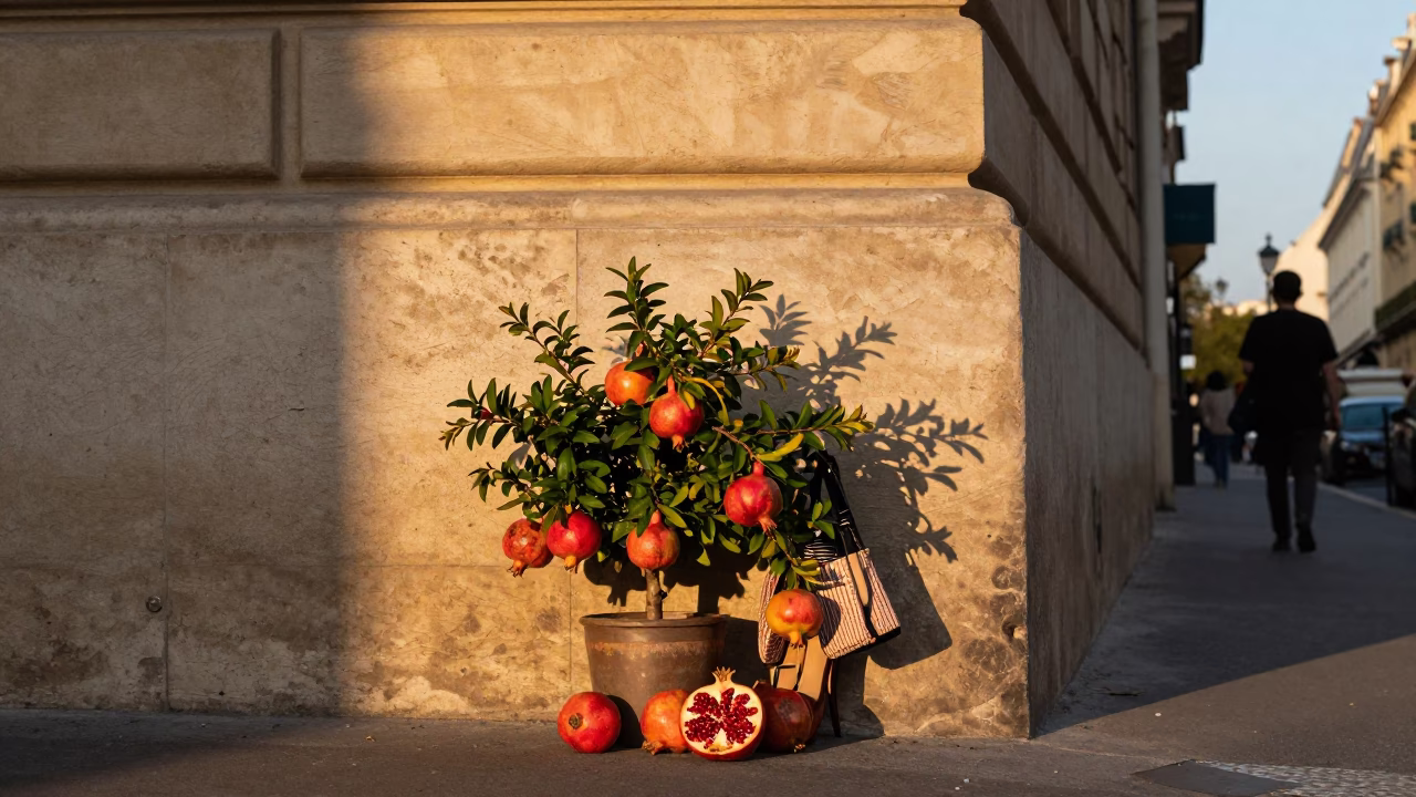 Parisian Golden Hour Street Scene with Vintage Fashion and Pomegranate Tree in in Paris, France