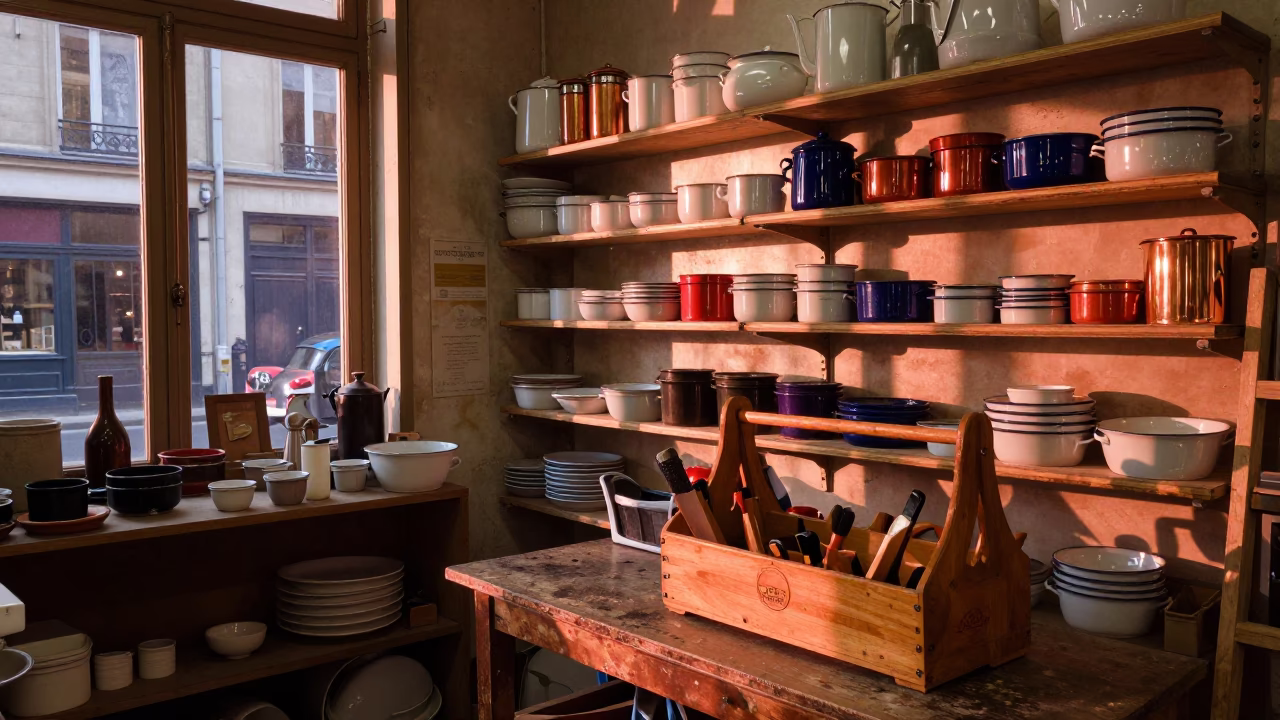 Parisian Hardware Shop Interior with Copper-Toned Light and Vintage Tool Caddies in France in in Paris, France