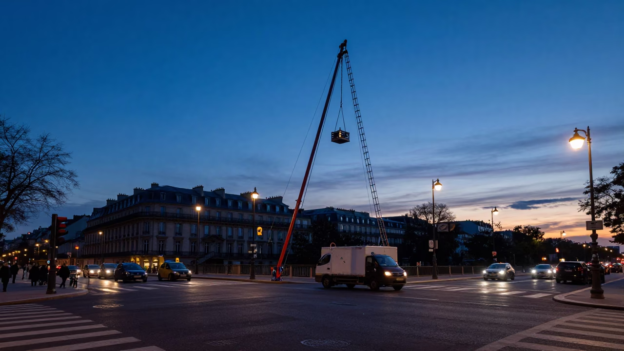 Parisian indigo twilight street scene with bridge maintenance cage and sleeper train windows in in Paris, France
