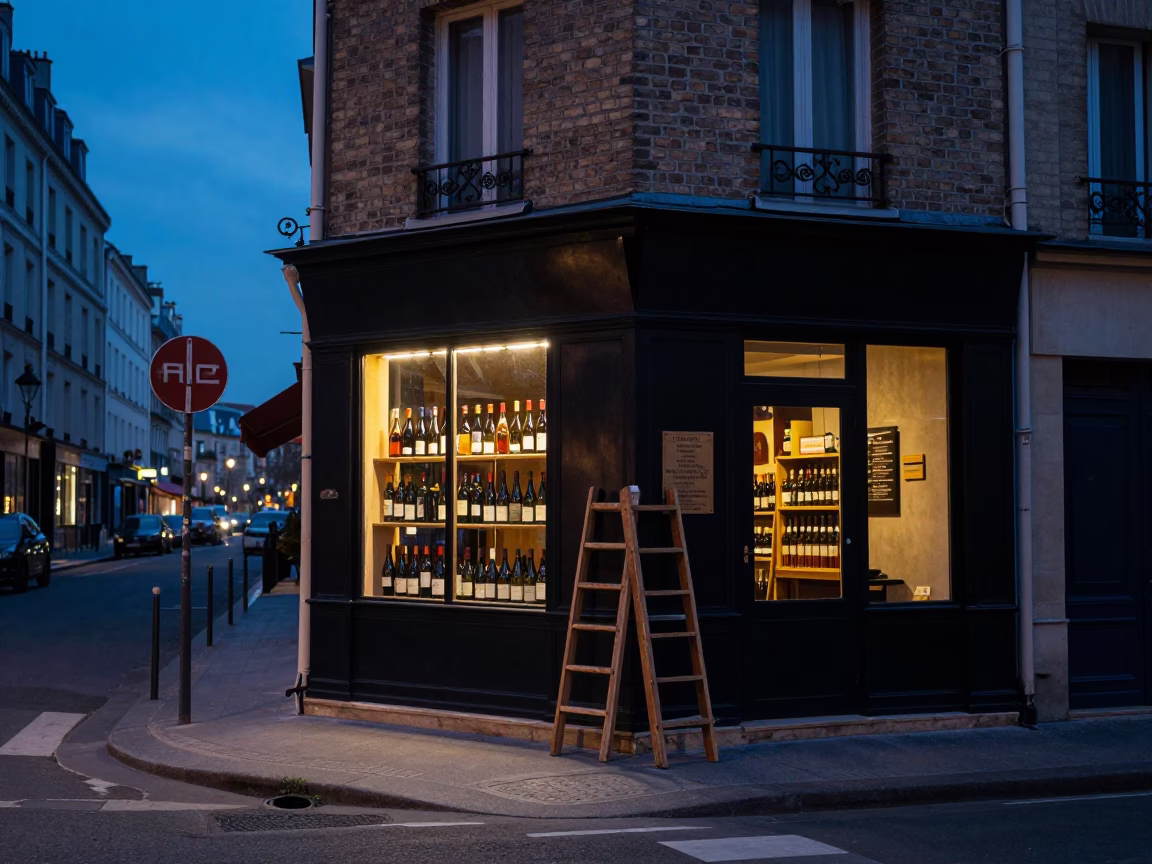 Parisian indigo twilight street scene with wine shop ladder and local café ambiance in in Paris, France