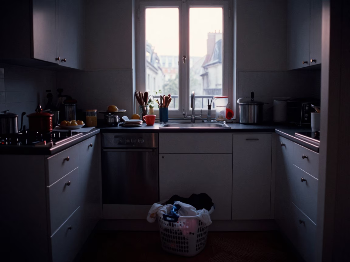 Parisian Kitchen Before Dawn With Laundry Basket And Herb Sprig in in Paris, France