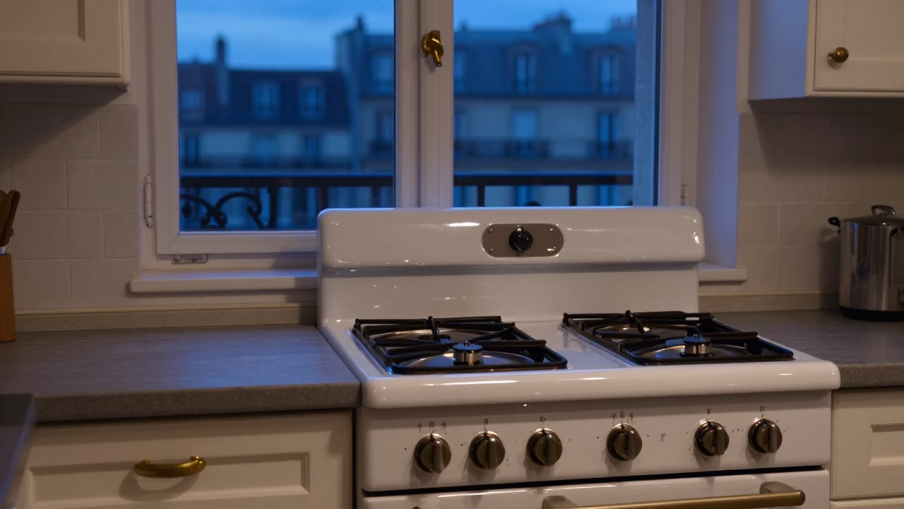 Parisian Kitchen Blue Hour View of Enamel Surfaces and Kitchen Shelves in in Paris, France
