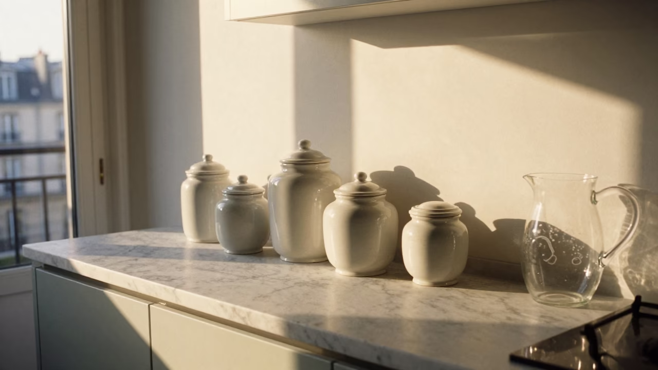 Parisian Kitchen Counter at Sunrise with Porcelain Jars and Condensation in in Paris, France