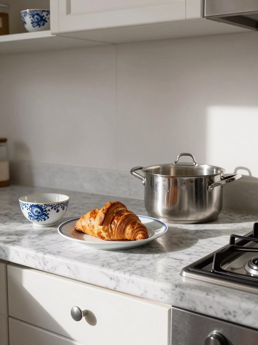 Parisian Kitchen Counter with Blue and White Porcelain and Cooking Pot in in Paris, France