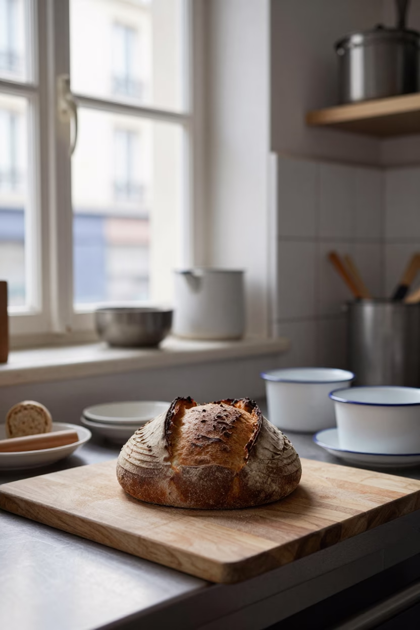 Parisian Kitchen Interior with Sourdough Bread and Enamel Bowls in Late Afternoon Light in in Paris, France