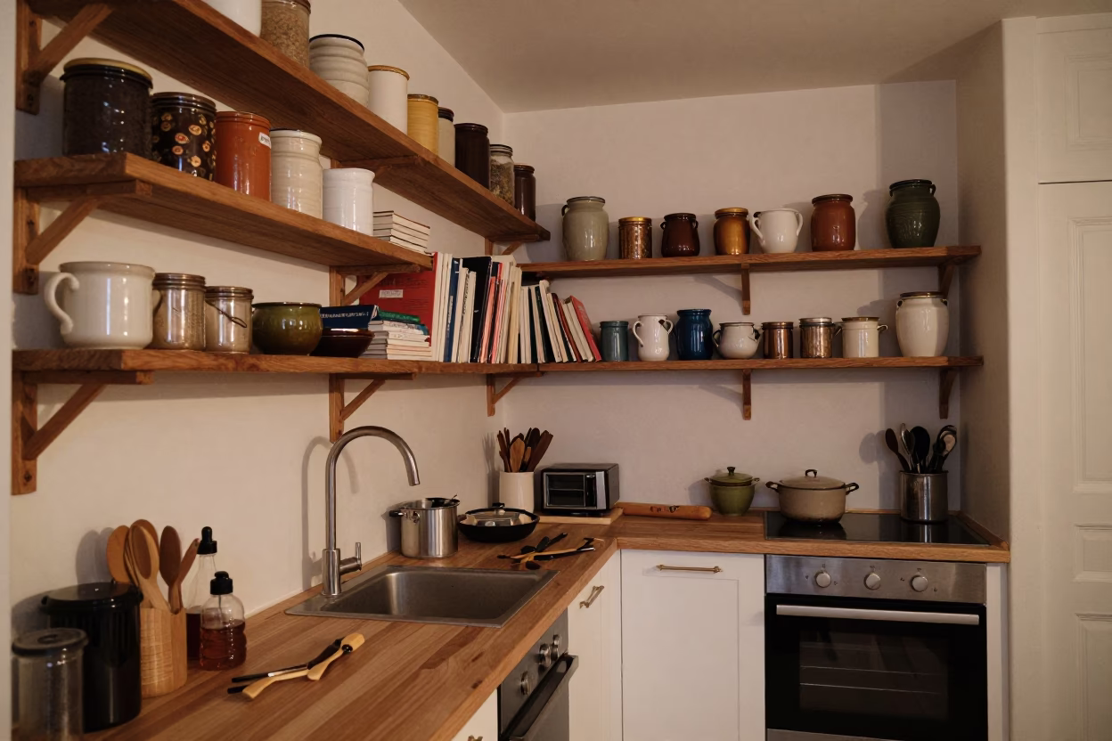 Parisian Kitchen Interior with Wooden Shelves and Fresh Berries in Early Evening Light in in Paris, France