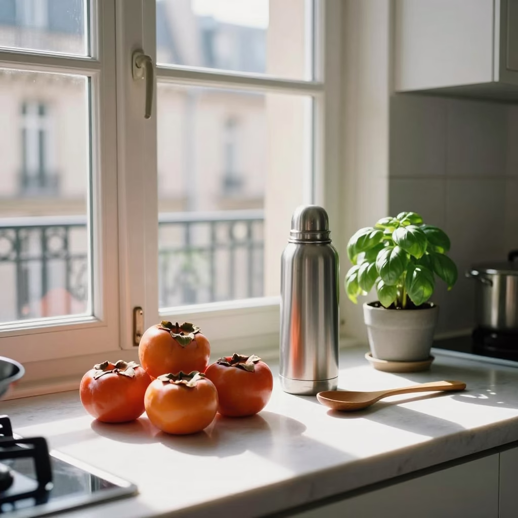 Parisian Kitchen Scene with Persimmons and Thermos in Late Morning Light in in Paris, France