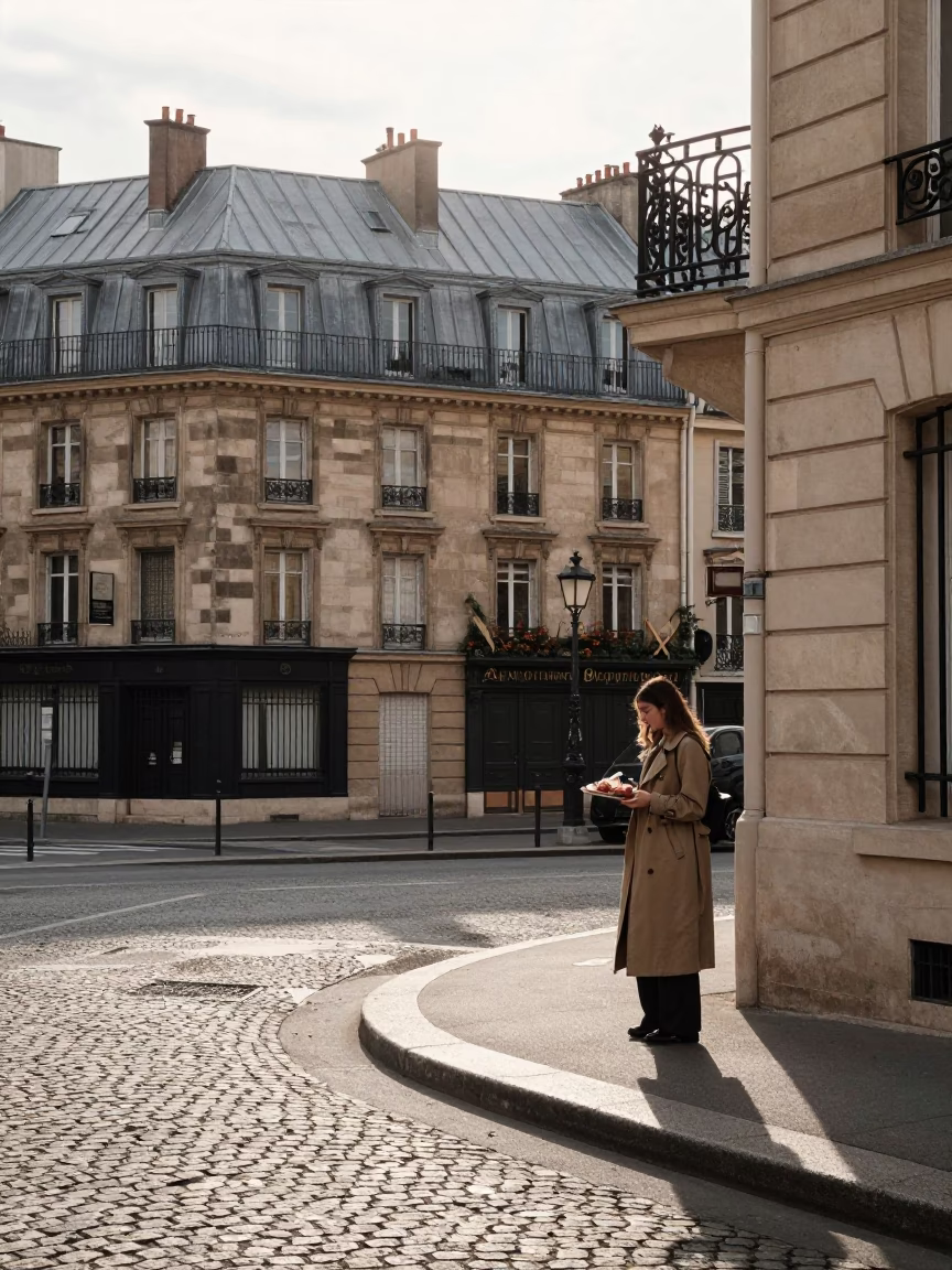Parisian Late Afternoon Street Scene with Charcuterie Board and Woven Basket in in Paris, France
