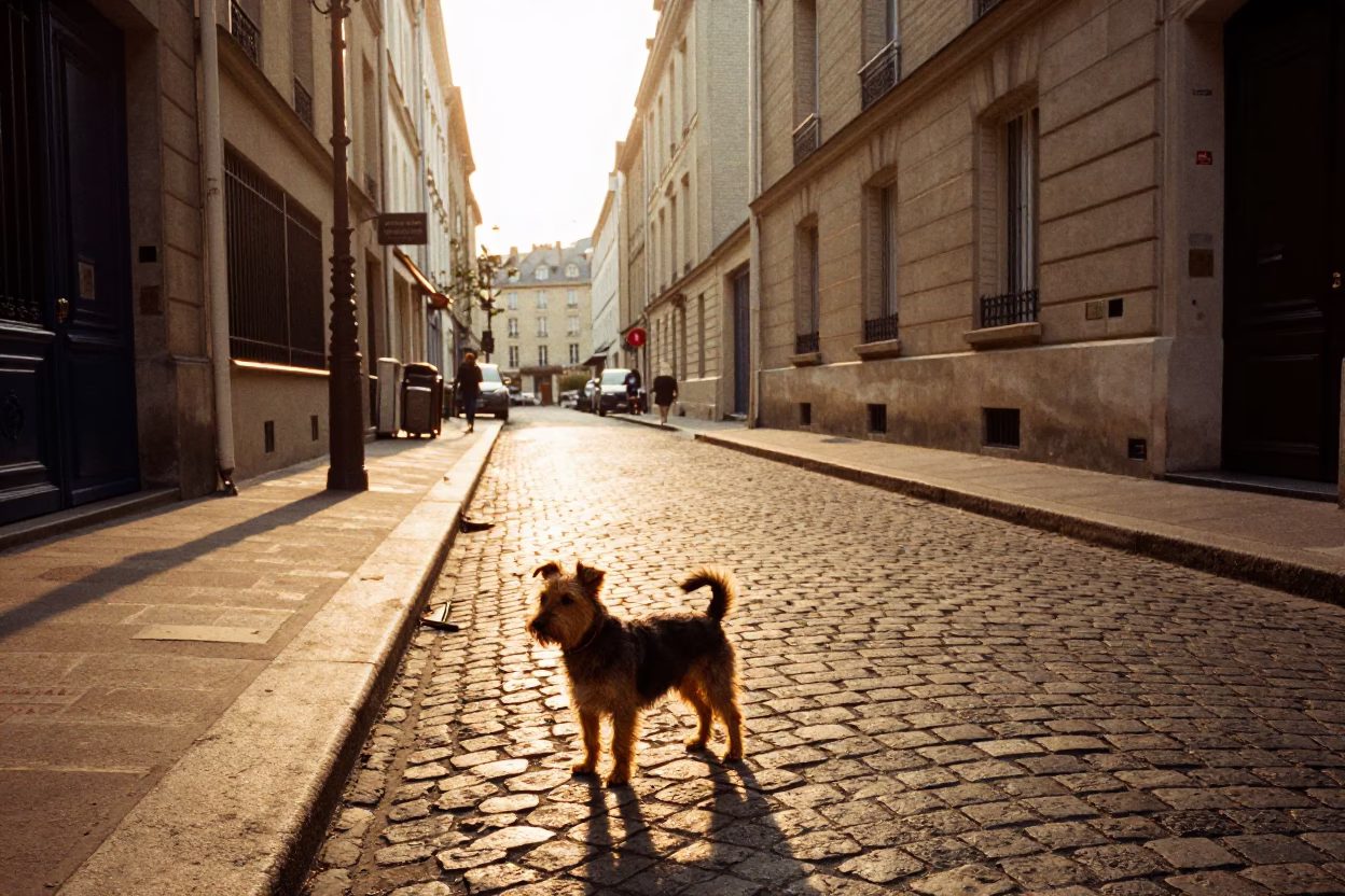 Parisian late afternoon street scene with dog and rolling cart in in Paris, France